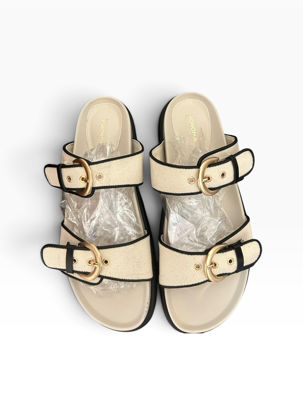 Sonoma Nanette Natural Canvas Double-Buckle Slide Sandals with Black Trim Sz 8M